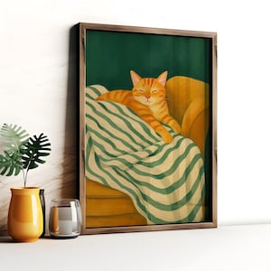 Sleeping Cat Wall Art Printable, Cozy Cat Poster, Minimalist Green Decor, Striped Blanket Art, Digital Download for Bedroom or Living Room