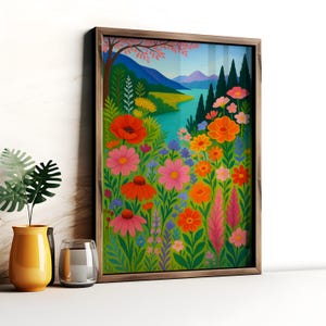 Könnte beinhalten: Eine gerahmte Illustration eines bunten Blumengartens mit einem See und Bergen im Hintergrund. Die Blumen sind in den Farben Rosa, Orange, Rot und Gelb gehalten.