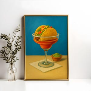 Taco in Margarita Glass Wall Art Print – Whimsical Food Oil Painting, Quirky Bar Cart Poster, Funny Kitchen Decor, Digital Download