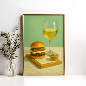 Białe wino i burger Caprese Wall Art Print – Fantazyjny obraz olejny do kuchni, dziwaczna sztuka kulinarna, wystrój wózka barowego, pobieranie cyfrowe