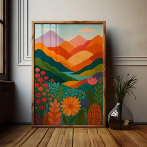 Könnte beinhalten: Eine farbenfrohe Illustration einer Berglandschaft mit einem See im Tal. Die Berge sind eine Mischung aus Orange, Gelb, Grün und Lila. Der See ist tiefblau. Der Vordergrund ist mit bunten Blumen gefüllt.