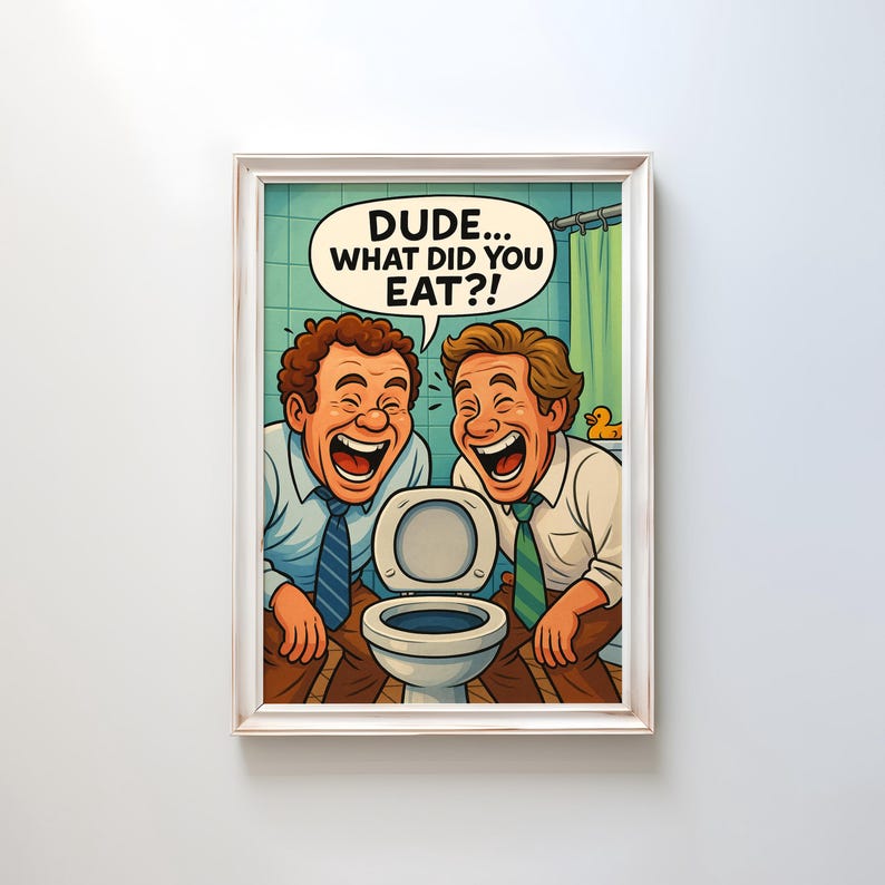 Funny Cartoon Bathroom Wall Art Print – Humorous Toilet Scene Poster ...