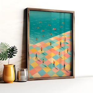 Colorful Pool Wall Art Print – Minimalist Tiny People Summer Beach Poster, Modern Coastal Decor, Digital Vacation Download