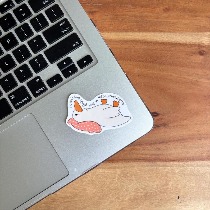 May include: A white sticker featuring a cartoon goose with orange beak and feet, lying on its back. The goose rests on a pink pillow with white polka dots. Text on the sticker reads "I can't live, laugh, love in these conditions."