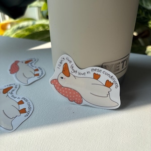 May include: White duck sticker with orange beak and feet, resting on a pink polka-dot pillow. The sticker has the text "I can't live laugh love in these conditions". Several stickers are visible.