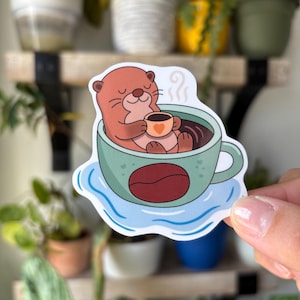 Cute Otter Drinking Coffee Vinyl Sticker: Waterproof and Scratch protected | Sticker for Laptop, Water Bottle, Journal, Scrapbook