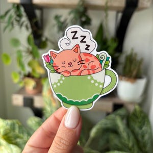 Sleepy Cat Coffee Cup Sticker | Cute Vinyl Sticker | Waterproof and Scratch protected | Sticker for Laptop, Water Bottle, Journal, Scrapbook