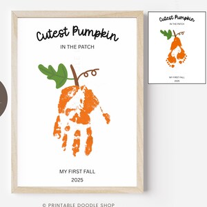 Pumpkin Handprint Art Printable, Cutest Pumpkin In The Patch Art Craft, Baby's First Fall Art, Newborn Baby Daycare Fall Footprint Art Craft