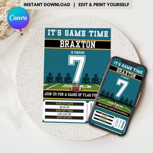 Football Birthday Party Invitation Template, Printable Teal Team Colors B-Day Invite, Sport Ticket Evite Canva