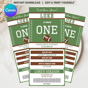 Football Birthday Ticket Invitation Printable, First Year Down, Editable Football Theme 1st Party Invite Sport Evite Digital Canva Template
