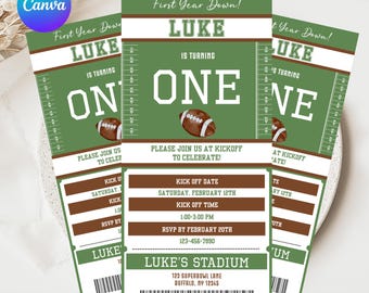 Football Birthday Ticket Invitation Printable, First Year Down, Editable Football Theme 1st Party Invite Sport Evite Digital Canva Template