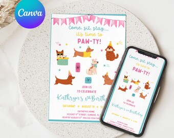 Puppy Party Invitation and Evite Printable, Dog Birthday, Girl Birthday Party Idea, Puppy Dog Party Invite, Editable Kids Party Invitation