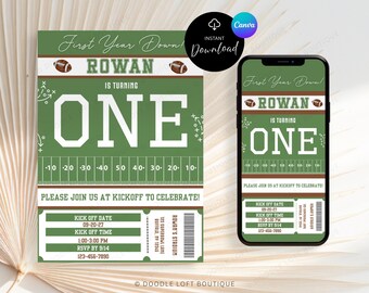 Football Birthday Invitation: First Year Down, Editable Football Theme 1st Party Invite, Ticket Evite Download, Print Sport Canva Template