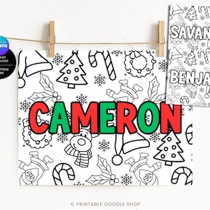 May include: A printable Christmas-themed coloring page with the name "CAMERON" in red and green. The page features festive illustrations of Christmas trees, snowflakes, and Santa Claus. The image is designed for instant download and home printing.