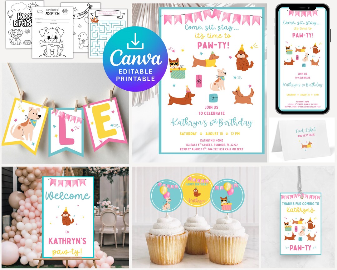 Puppy Dog Birthday Party Invitation Activity Printable Bundle Girl ...