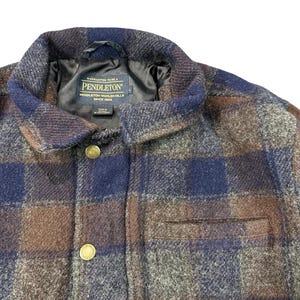 Vintage Pendleton wollen geruite jas met rits en corduroy kraag, marineblauw/bruin, herenmaat L afbeelding 2