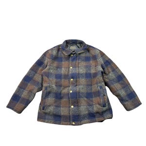 Abrigo de lana vintage Pendleton a cuadros con cremallera y cuello de pana, azul marino y marrón, talla L para hombre.