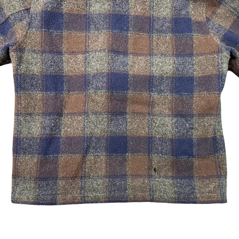 Vintage Pendleton wollen geruite jas met rits en corduroy kraag, marineblauw/bruin, herenmaat L afbeelding 3