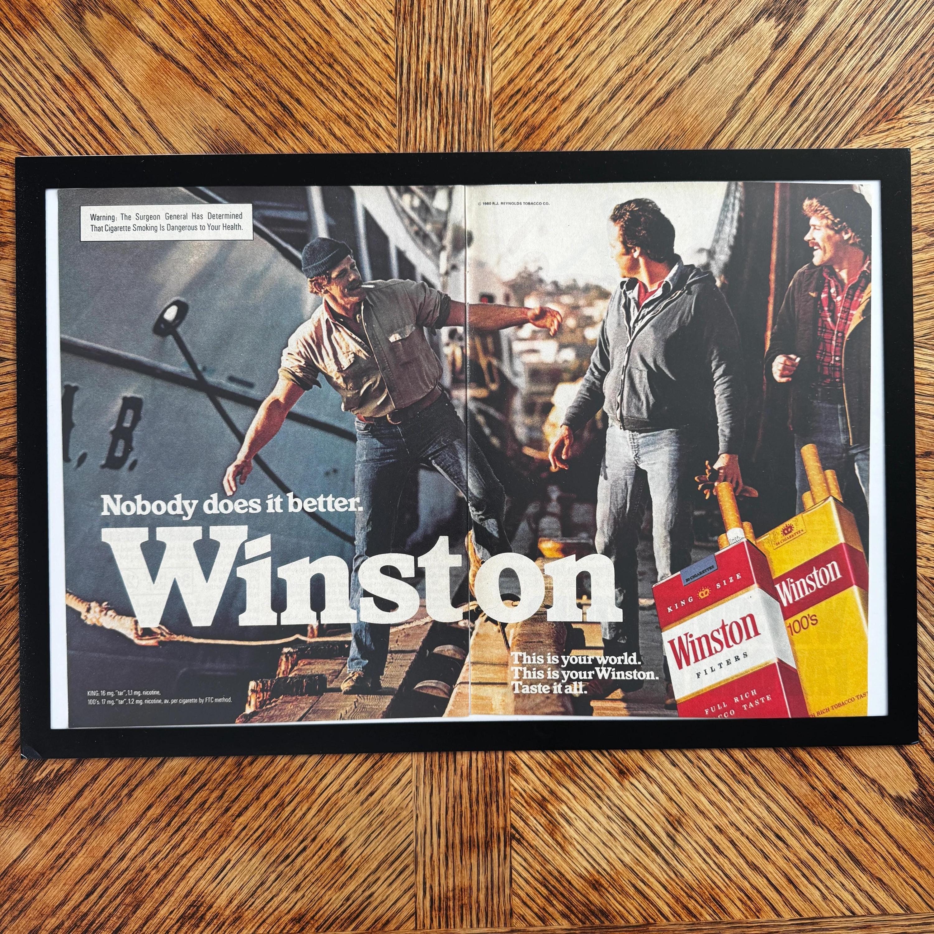 winston cigarette ads 1980s cigarettes paper advert ad advertisement 1970s american cigarettes Stock Photo Vintage 1980 Winston Cigarette Sign