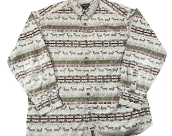 Vintage Woolrich Deer Southwestern Aztec Print Chamois Shirt Cream Mens XL