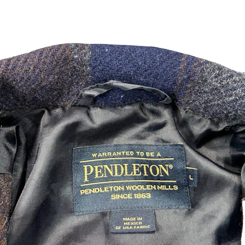 Vintage Pendleton wollen geruite jas met rits en corduroy kraag, marineblauw/bruin, herenmaat L afbeelding 5