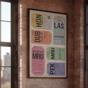 Custom Vintage Travel Poster with 6 Baggage Tags | Personalized Airport Code Wall Art