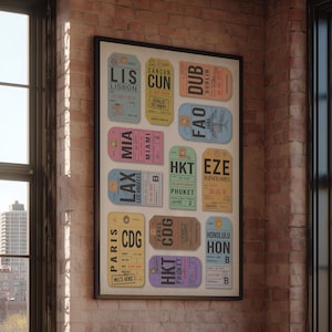 Custom Vintage Travel Poster with 12 Baggage Tags | Personalized Airport Code Wall Art