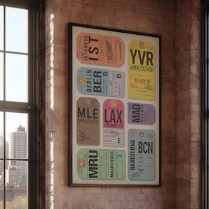 Custom Vintage Travel Poster with 8 Baggage Tags | Personalized Airport Code Wall Art