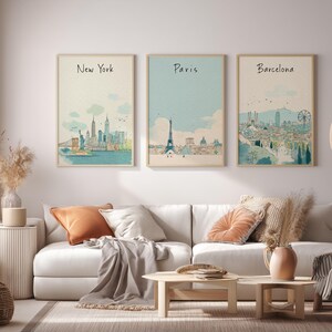Choose Any 3 City Prints, Minimalist Travel Wall Art Set, Printable Watercolor Poster Bundle