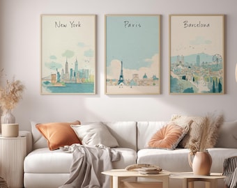 Set of 3 Minimalist Travel Posters – Watercolor City Wall Art