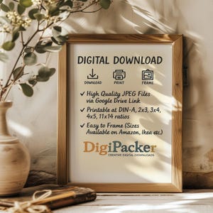 May include: A framed print with the text "DIGITAL DOWNLOAD" and icons for download, print, and frame. The text below lists features like high-quality JPEG files, printable sizes, and easy framing. The DigiPacker logo is at the bottom.