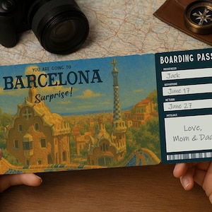 Surprise Trip Boarding Pass – Printable Travel Ticket to BARCELONA | Editable PDF Download