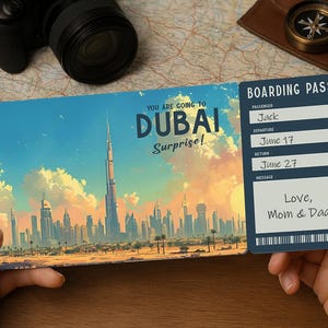 Verrassingsreis instapkaart – Afdrukbaar reisticket naar DUBAI | Bewerkbare PDF-download