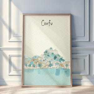 May include: Watercolor print of Corfu, Greece, in a wooden frame. The artwork depicts a coastal town with buildings, trees, and a body of water. The word "Corfu" is written at the top of the print.