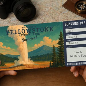 May include: A Yellowstone National Park boarding pass with a landscape illustration of a geyser and mountains. The pass is personalized with the passenger's name, departure and return dates, and a message from Mom & Dad.