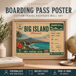Puede incluir: Un póster enmarcado y personalizado con forma de tarjeta de embarque que presenta un gráfico de estilo vintage de Big Island, Hawái. El diseño incluye un paisaje tropical, una flor de hibisco y detalles de vuelo para los pasajeros Fowler y Jones, con fecha del 28 de mayo de 2005.