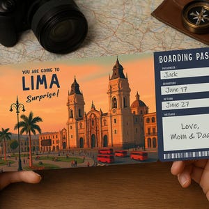 Surprise Trip Boarding Pass – Printable Travel Ticket to LIMA | Editable PDF Download