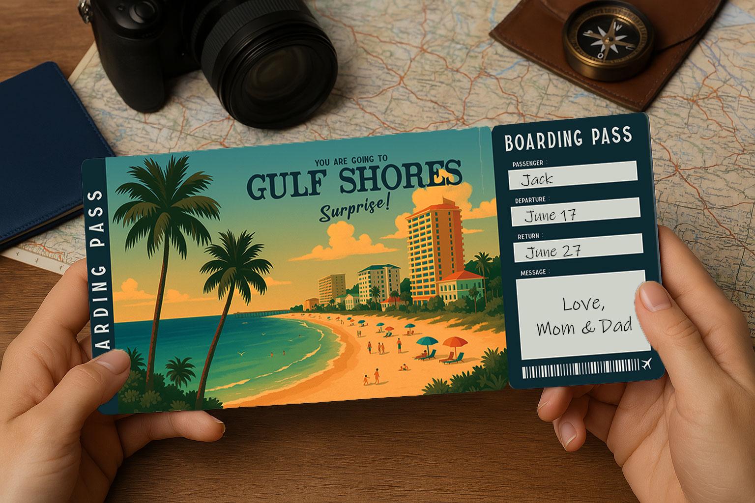 Surprise Trip Boarding Pass – Printable Travel Ticket to GULF SHORES | Editable PDF Download