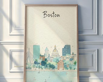 Boston Watercolor Travel Poster | Digital Download Wall Art | Minimal City Illustration Print