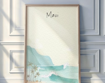 Maui Watercolor Travel Poster | Digital Download Wall Art | Minimal City Illustration Print