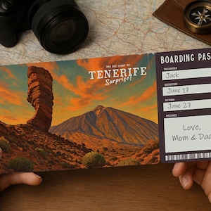 Carta d'imbarco per viaggi a sorpresa: biglietto di viaggio stampabile per TENERIFE | Scarica PDF modificabile