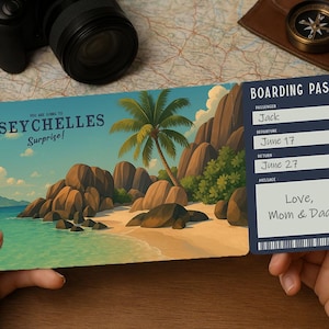 Surprise Trip Boarding Pass – Printable Travel Ticket to SEYCHELLES | Editable PDF Download