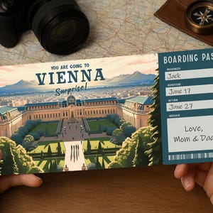 Cartão de embarque para viagem surpresa – Bilhete de viagem para impressão para VIENA | Download de PDF editável