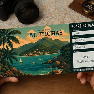 May include: A vintage-style boarding pass for St. Thomas, featuring a tropical landscape with palm trees, mountains, and a sailboat on the water. The pass includes passenger details and a message from "Mom & Dad."