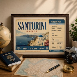 Puede incluir: Un póster de viaje vintage enmarcado de Santorini, Grecia, con una tarjeta de embarque, pasaporte, mapa, globo terráqueo, cámara y brújula. El póster muestra un edificio con cúpula azul y el texto "Santorini, Grecia".