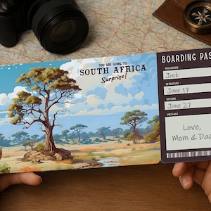 Carta d'imbarco per viaggi a sorpresa: biglietto di viaggio stampabile per il SUD AFRICA | Scarica PDF modificabile