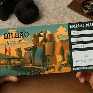 Carte d'embarquement pour voyage surprise – Billet de voyage imprimable pour BILBAO | Téléchargement PDF modifiable