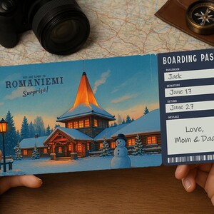 Cartão de Embarque Viagem Surpresa – Bilhete de Viagem Imprimível para ROMANIEMI | Download de PDF editável