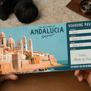 Carta d'imbarco per viaggi a sorpresa – Biglietto di viaggio stampabile per l'ANDALUSIA | Scarica PDF modificabile