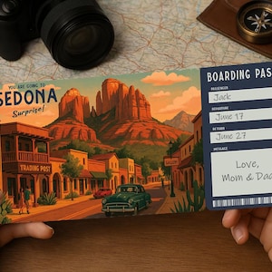 Surprise Trip Boarding Pass – Printable Travel Ticket to SEDONA | Editable PDF Download